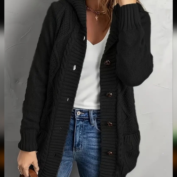 Black Cable Knit Hooded Cardigan Sweater - Picture 1 of 8
